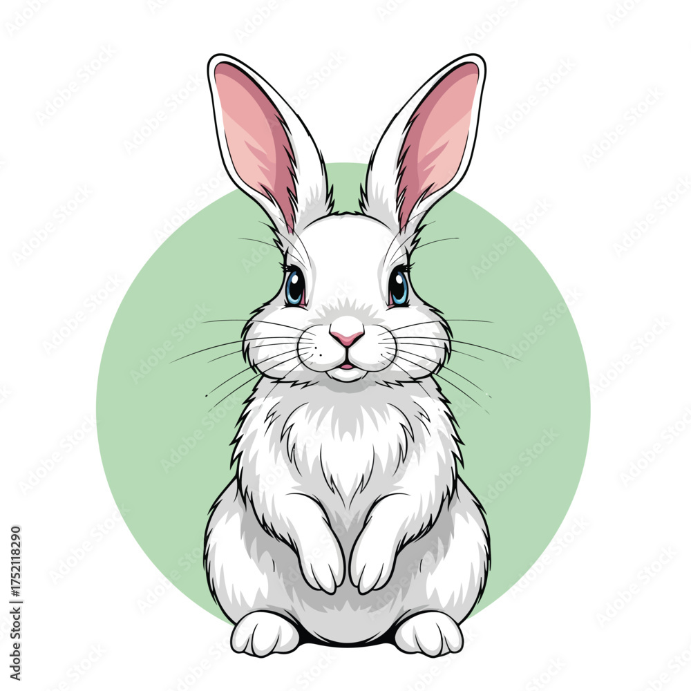 Fototapeta premium A charming white rabbit with pink ears sits against a soft green circle, its fluffy fur and gentle expression creating a heartwarming illustration isolated on white background