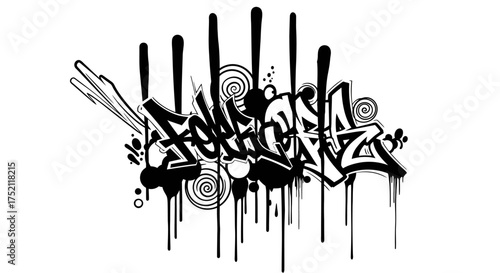 Expressive black and white street art typography with dynamic drip effects and abstract swirls, embodying urban culture and modern artistic flair