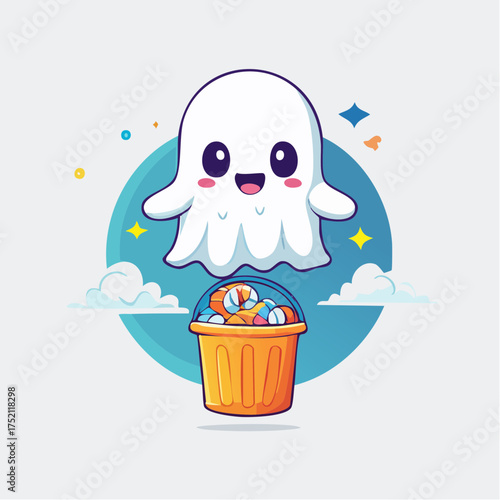 Happy ghost floating with candy bucket with transparent background