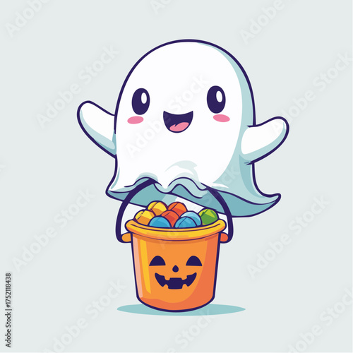Happy ghost holding jack-o'-lantern bucket with transparent background