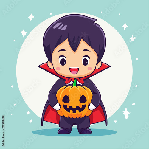 Little vampire holding jack o lantern with transparent background
