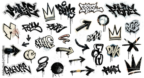 Dynamic collection of urban graffiti art elements, featuring spray-painted tags, arrows, crowns, and street art symbols