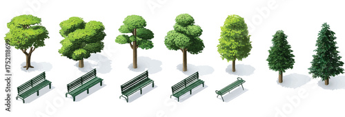 Isometric park elements featuring diverse trees and green benches for architectural visualizations and landscape designs