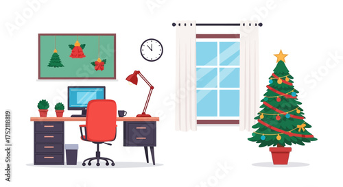 Home office desk setup with computer, chair, bookshelf, plant, and festive decorations