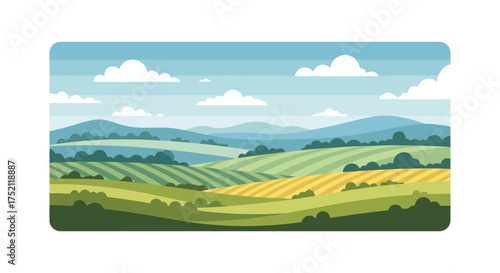 Beautiful serene rural landscape with rolling green and golden fields under a clear blue sky, showcasing agricultural plains and distant hills in a charming flat vector illustration
