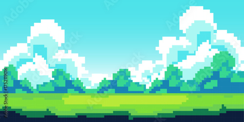 Pixel game screen background vector Pixel sky, tree and ground.