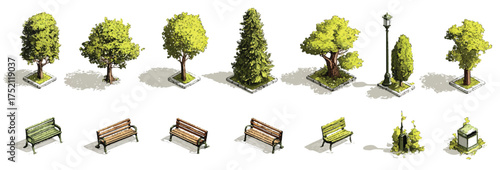Isometric park elements including trees benches lamp post and trash bin for game design
