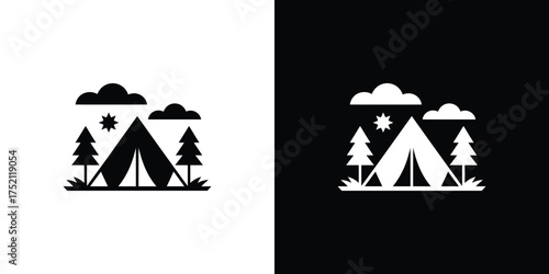 Black & White Camping Tent Icon with Clouds, Tree & Star on Isolated Background