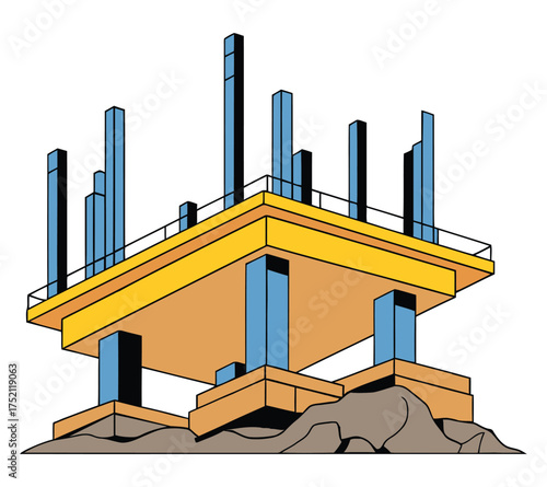 Building Foundation with Caisson Piles — Structural Engineering Construction Illustration, structural engineering, building base, structure diagram