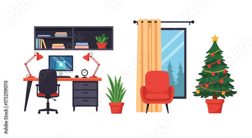 Home office desk setup with computer, chair, bookshelf, plant, and festive decorations