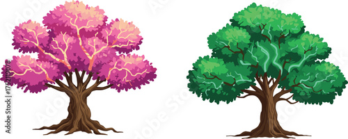 Cartoon fantasy tree pair vector illustration with vibrant pink, purple, and green foliage, creative nature artwork for design and environmen