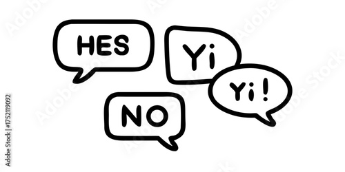 Line comic frame. Speech bubbles hand drawn, speech balloon doodles with manga expression icons, dialogue chat box with fun, happy and hi, yes and no