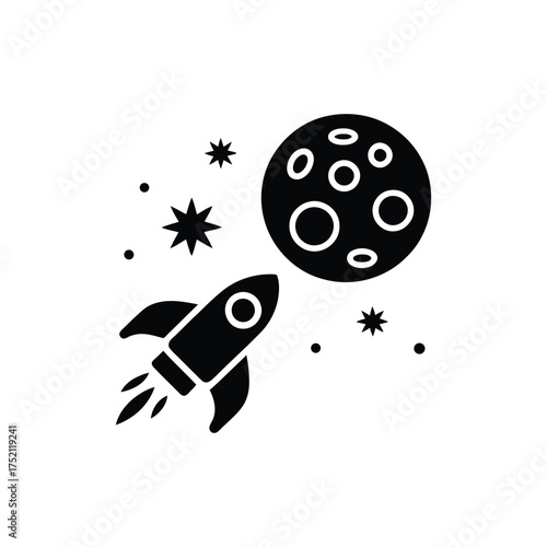 Black Rocket Ship Flying to Moon with Craters and Stars on White Background