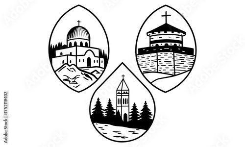 Line Art Collection of Churches, Crosses, and Mountain Landscapes
