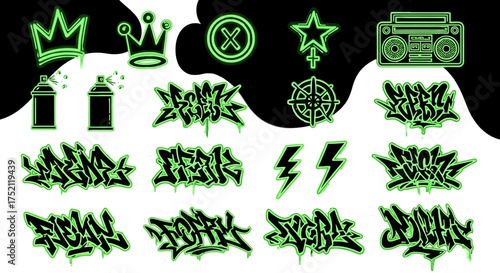 Neon Graffiti Elements Collection Crown, X Mark, Sprays, Boombox, Tags, Energy Symbols, and More