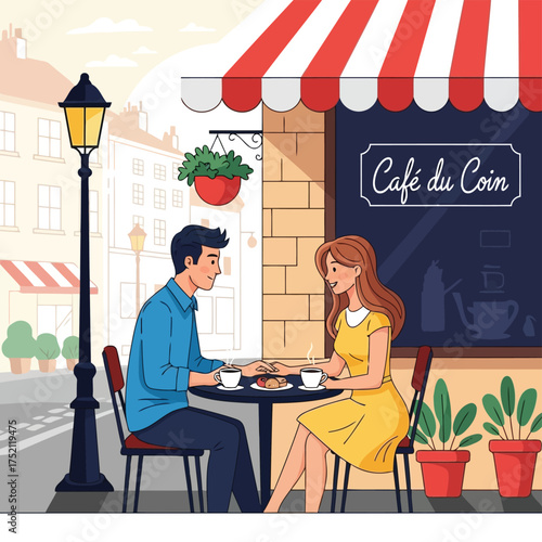 young couple in cafe. A couple sitting at a cafe in paris, enjoying a romantic date and conversation, with the cafes awning, table, chairs, and street lamp creating a cozy atmosphere