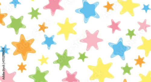 Seamless pattern of cute colorful hand-drawn stars on a white background. A cheerful vector illustration for kids, nursery decor, and festive wrapping paper