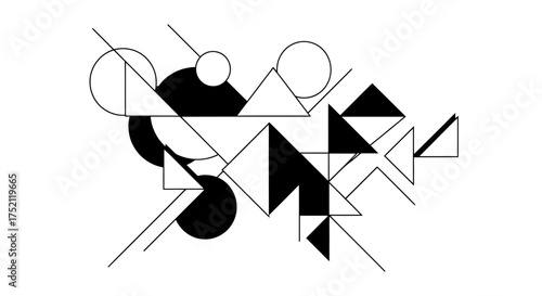 Modern abstract artwork with a sophisticated arrangement of diverse geometric shapes, including triangles, circles, and lines, in a high-contrast black and white palette