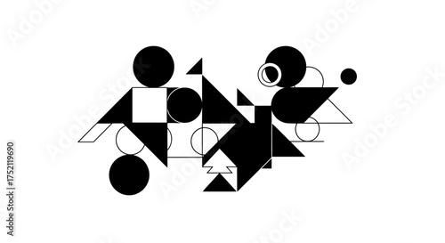 Dynamic abstract composition featuring a complex interplay of black and white geometric shapes, evoking a sense of modern minimalist design and constructivist art