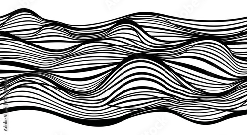 Abstract flowing black and white wavy lines forming a dynamic pattern on a white background, representing sound waves or topography