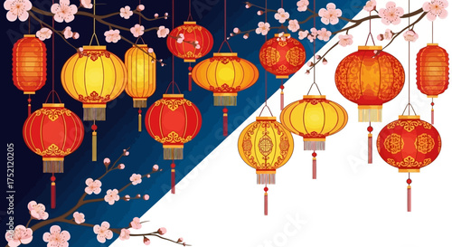 A festive vector illustration of colorful Chinese lanterns and plum blossoms on a dark blue background, white background