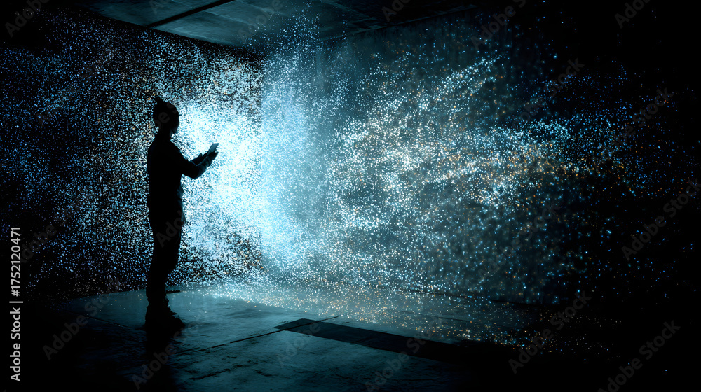 Obraz premium Silhouette digital particles motion control immersive interactive light data abstract flow evokes wonder and curiosity in dark room installation