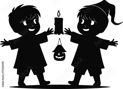 Children with jack-o’-lantern lantern, Halloween silhouette illustration, witch hat costume, spooky candlelight scene, festive seasonal artwork, playful dark holiday design