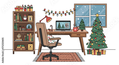 Home office desk setup with computer, chair, bookshelf, plant, and festive decorations