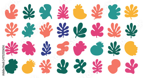 Collection of abstract organic shapes and stylized botanical leaf illustrations in vibrant matisse inspired colors
