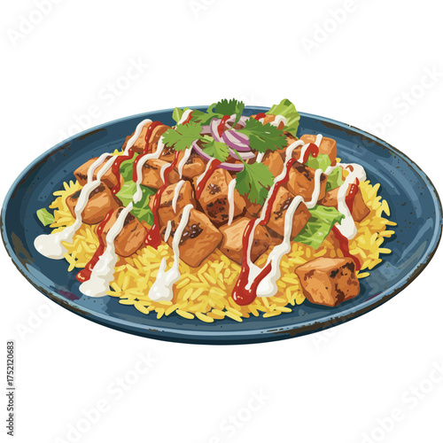 Halal Chicken Over Rice Served on Dish Vector Icon with Transparent Background