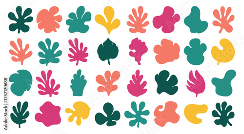 Collection of abstract organic shapes and stylized plant leaves in vibrant tropical colors