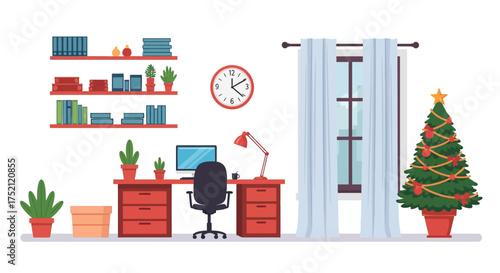 Home office desk setup with computer, chair, bookshelf, plant, and festive decorations