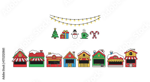 A festive collection of Christmas market stalls and holiday celebration icons in a flat line art vector style