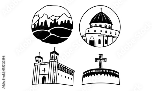 Line Art Collection of Churches, Crosses, and Mountain Landscapes