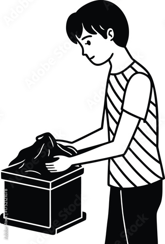 Silhouette of a young person with short tousled hair isolated on white background