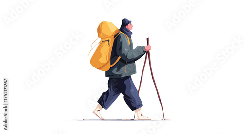 Man trekking with large backpack and walking sticks in a minimalist vector illustration style journey adventure and outdoor recreation