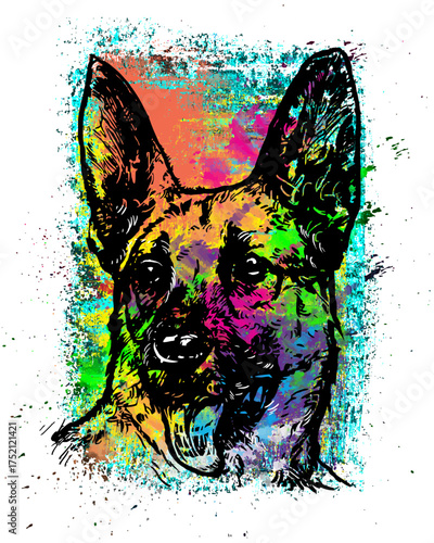 Abstract Colorful German Shepherd Dog Portrait Splash Art Keywords: dog, animal, canine, german