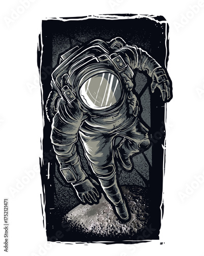Astronaut in Spacesuit Floating Upward in Dark Environment helmet visor