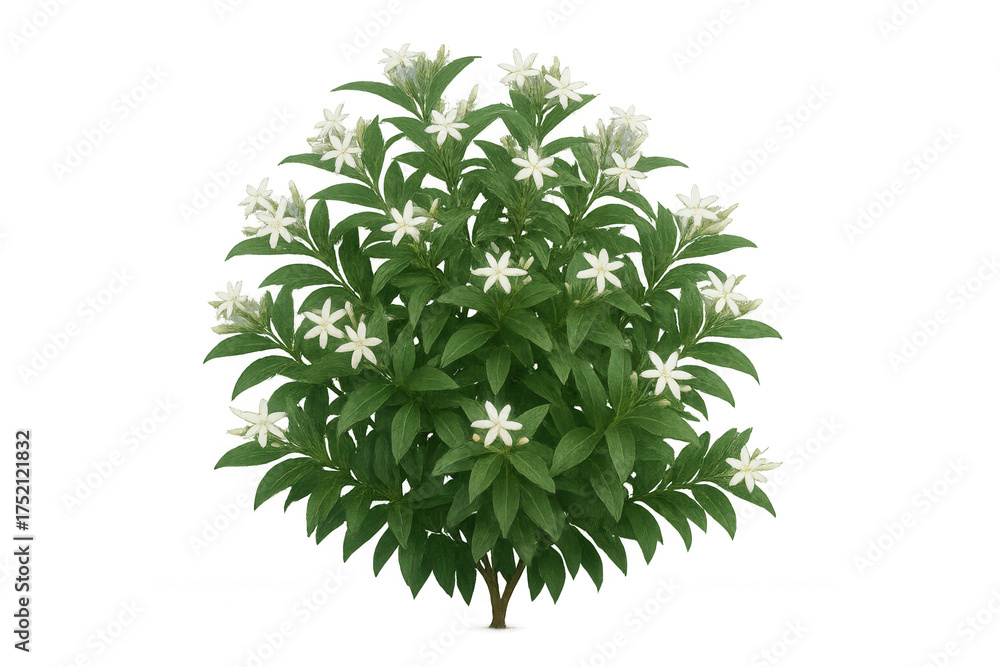 Fototapeta premium Jasmine bush with delicate white flowers and lush green foliage, perfect for natural garden designs, transparent background