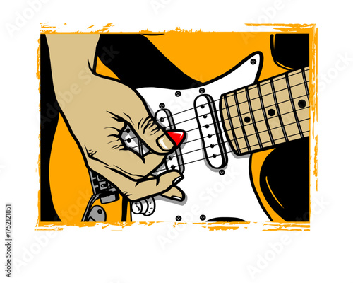 Hand playing electric guitar with red pick and orange background vector illustration