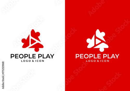 Vector icon logo of a triangle rotating with people. Human crowd community logo for multimedia players such as songs, videos, movies, cinemas, applications or others.