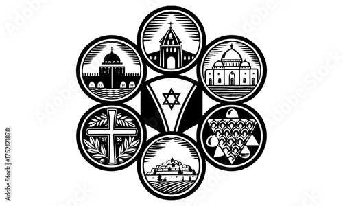 Line Art Collection of Churches, Crosses, and Mountain Landscapes