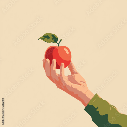 Minimalist illustration of a hand holding a ripe red apple with a green leaf presentation temptation and health concept
