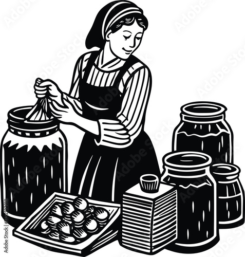 Line art silhouette illustration of a young woman canning preserves isolated on white background