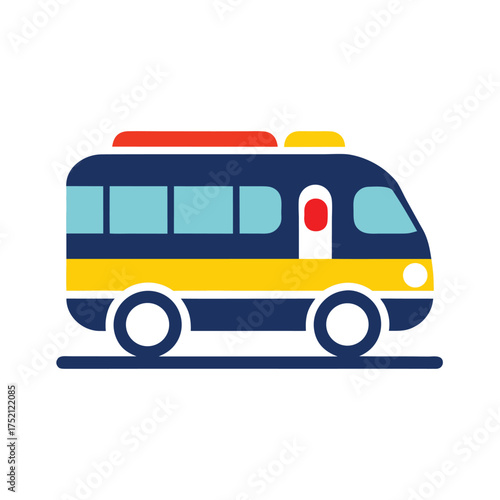 Modern cartoon school bus transportation vehicle with yellow stripe and orange roof lights side view simple flat design