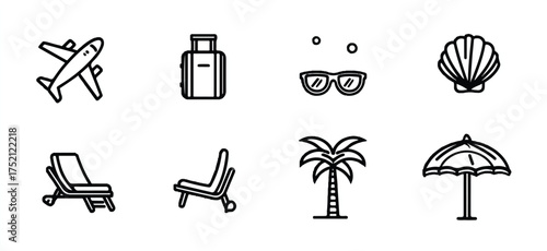 Minimalist travel icons representing vacation and summer season in a seamless pattern on white background