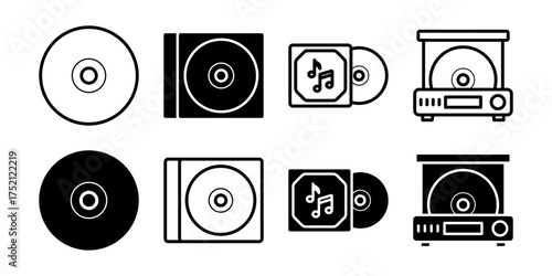 DVD icon Set. Collection of simple line art illustration of music album and music player icons. Compact disc, CD, album cover, and player in black and white silhouette.