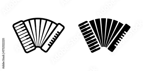 Accordion icon Set. Two simple line art of an accordion, a musical instrument. Black and white icon.