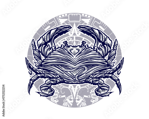 Ornate Crab Illustration with Tribal Background crustacean animal