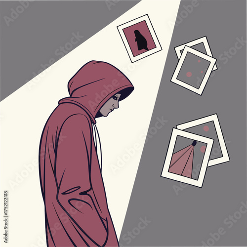 Adobe Illustrator Artwork: A person in a red hoodie standing in a spotlight, looking down with a series of floating photographs